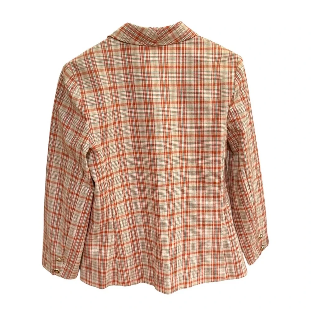 Vtg 80s Plaid Skirt Suit Set Orange Tan Blazer A-Line Midi Skirt Retro 2 Piece M